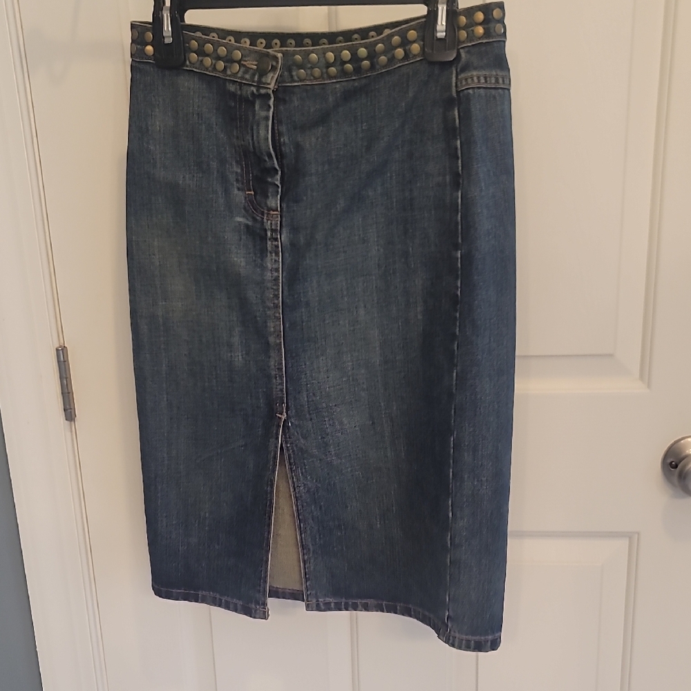 J. Crew Blue Denim Pencil Skirt with Gold Studded Waistband